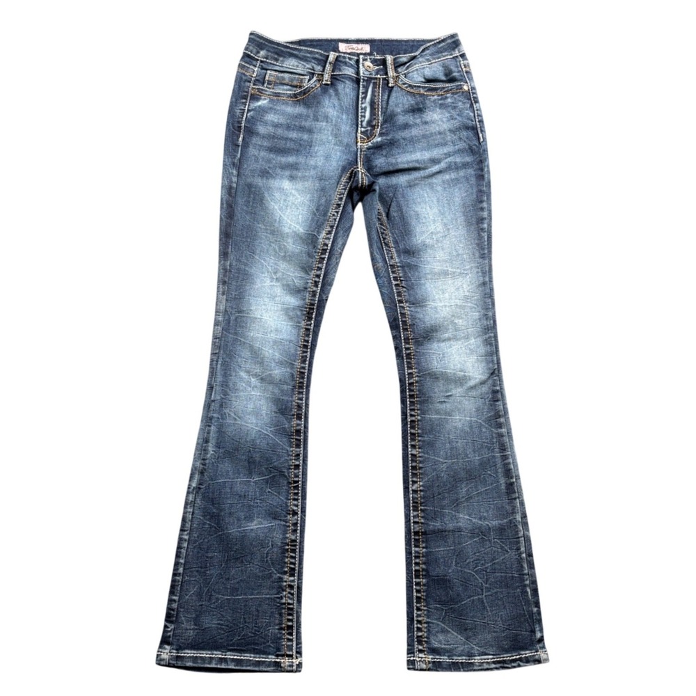 True Luck Jeans Women's 7/8 Bootcut Medium Wash Embroidered Flap Pocket Y2K - Picture 2 of 11